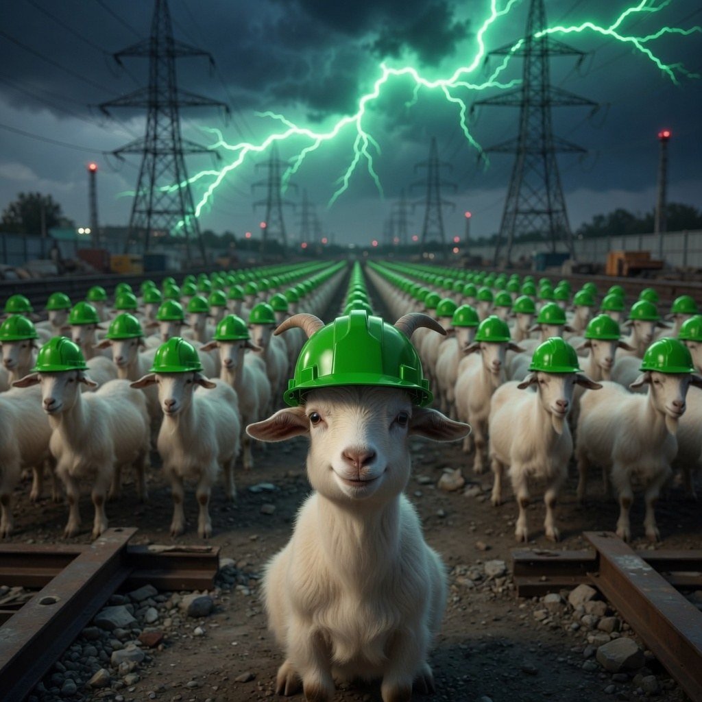 Rows of goats in green hardhats under a lightning storm.